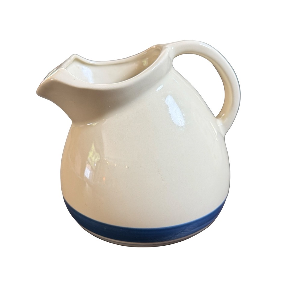 Friendship Roseville Pottery Pitcher Cream Blue Striped Farmhouse Stoneware